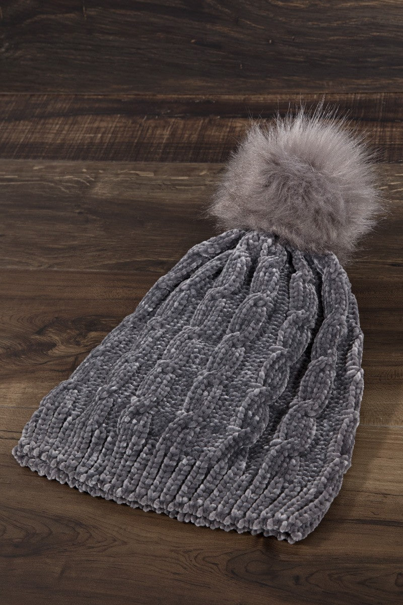 Dark Grey Chenille Cable Knit Beanie