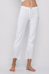 White MID RISE CROP KICK FLARE JEANS WITH FRAYED HEM