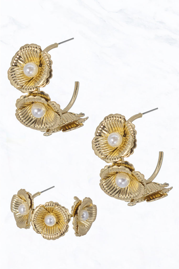 Gold and Pearl Flower Open End Hoop Earrings