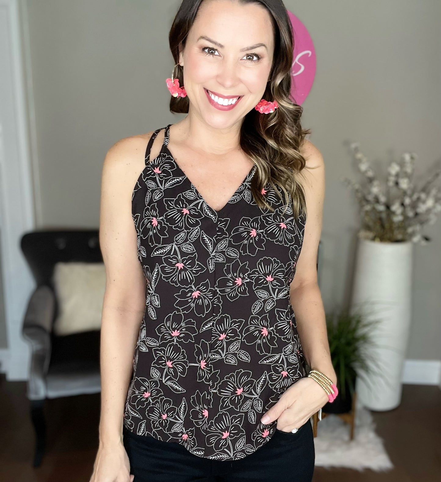 Black Floral Print Spaghetti Strap Racerback Tank Top