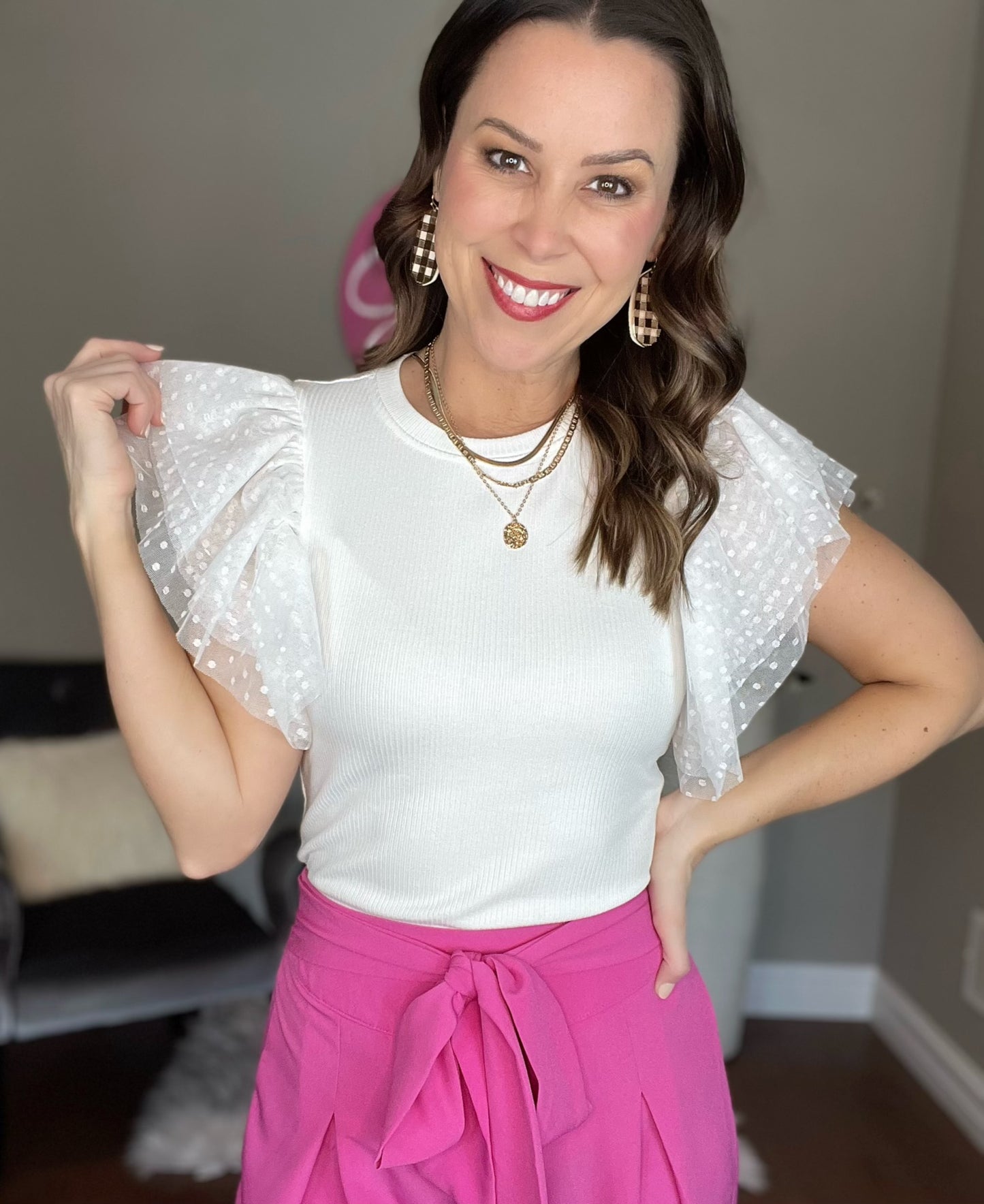 White Dotted Ruffle Sleeve Ribbed Knit Top