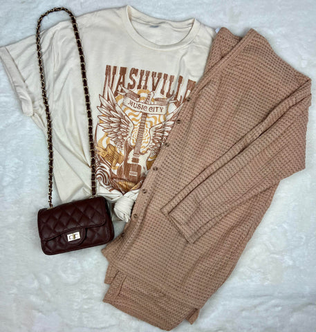 Nashville Graphic Tee with Waffle Cardigan and Trendy Bag BUNDLE