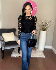 Black Scalloped Sheer Lace Crop Top with FREE EARRINGS!