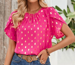 Fuchsia Round Neck Ruched Dot Print Loose Blouse