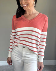 Coral V Neck Striped Loose Sweater