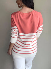 Coral V Neck Striped Loose Sweater