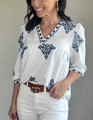 White and Blue V Neck Printed Loose Fit Blouse
