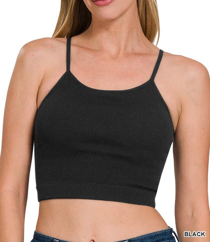 BLACK RIBBED SEAMLESS CROPPED CAMI WITH BRA PADS