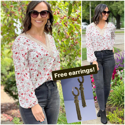 White Floral Long Sleeve Lace V-Neck Blouse with FREE EARRINGS