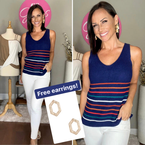 Navy Multicolor Stripes Black Knit Tank Top with FREE EARRINGS