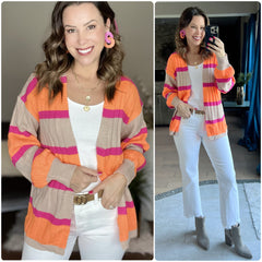 Pink/Orange Striped Ribbed Knit Sweater Cardigan