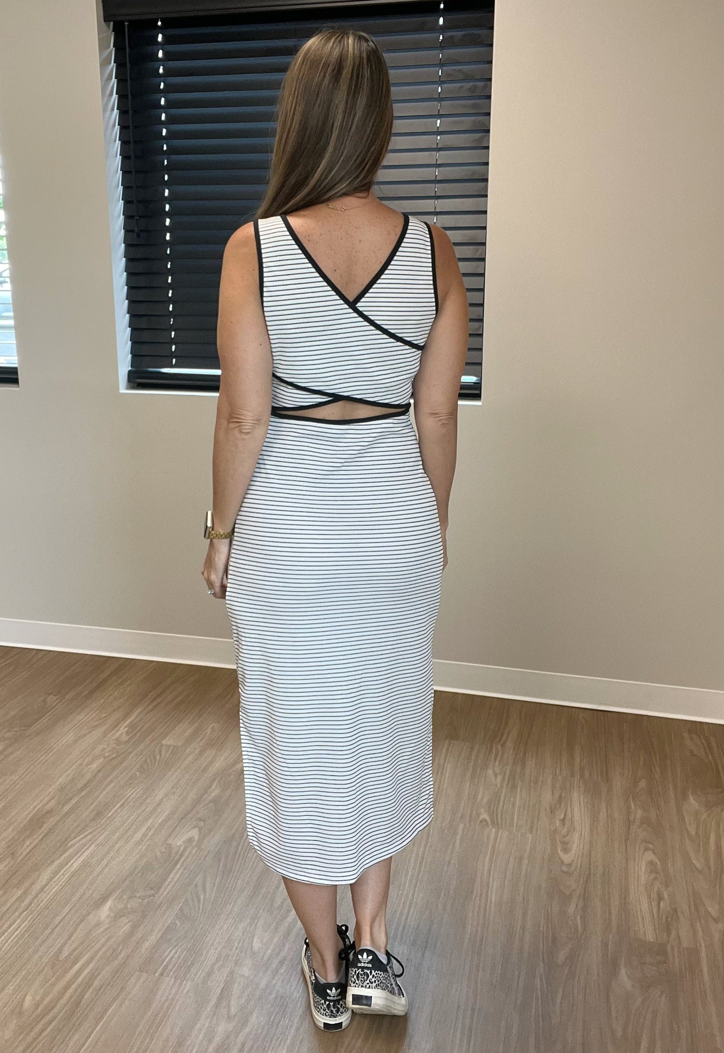 Black & White Stripe Criss Cross Side Slits Slim Fit Midi Dress