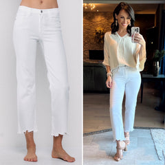 White MID RISE CROP KICK FLARE JEANS WITH FRAYED HEM
