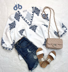 White and Blue V Neck Printed Loose Fit Blouse