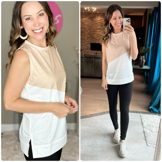 Khaki Crew Neck Color Block Sleeveless Top