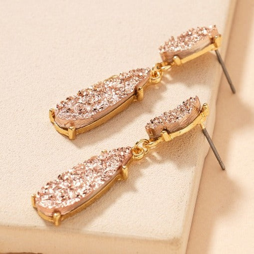Rose Gold Druzy Teardrop Dangle Earrings