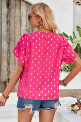 Fuchsia Round Neck Ruched Dot Print Loose Blouse