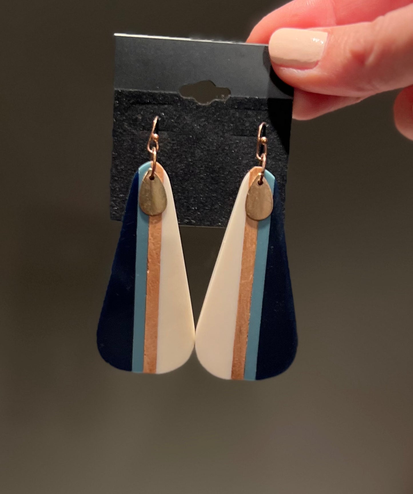 Navy Blue White Brown Wooden Acrylic Earrings with Gold