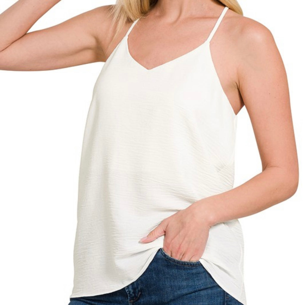 Off White Woven Airflow Adjustable Strap V-neck Cami