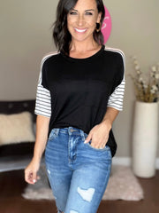 Black Tee with Striped Sleeves