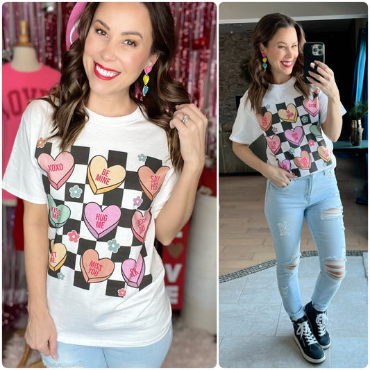 Checkerboard Conversation Hearts Graphic T-Shirt