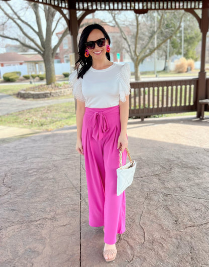 White Dotted Ruffle Sleeve Ribbed Knit Top