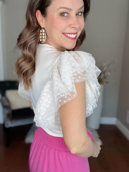 White Dotted Ruffle Sleeve Ribbed Knit Top