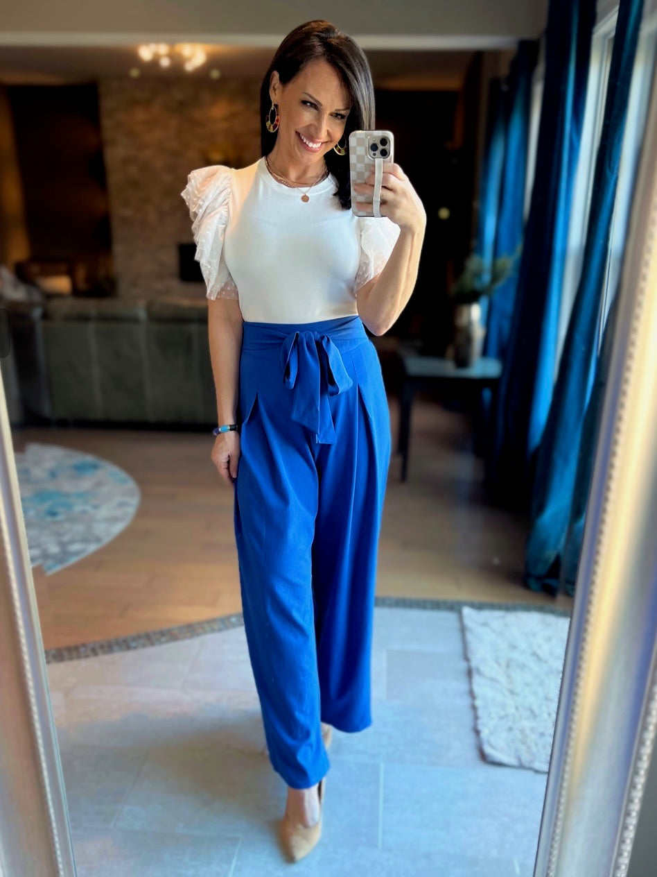 Bright Blue Solid Waist Tie Palazzo Pants