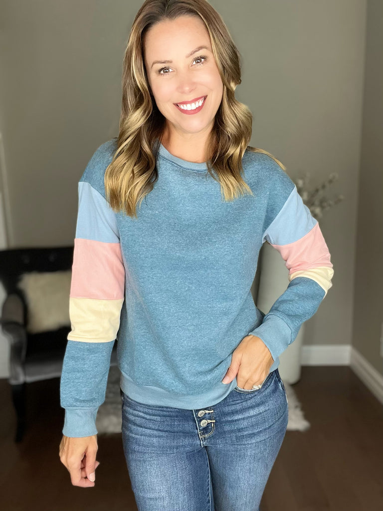 BLUE Colorblock Long Sleeve Pullover Sweatshirt