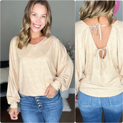 Khaki Tie Back Long Dolman Sleeve Casual Top