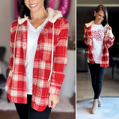 Red Plaid Flannel Button Up Shacket with Hood