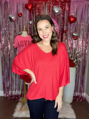 Red V Neck High Low Batwing Dolman Top