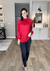 RED High neck back tie blouse