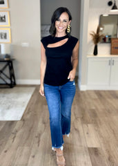 Black Slash Cutout Cap Sleeve Top