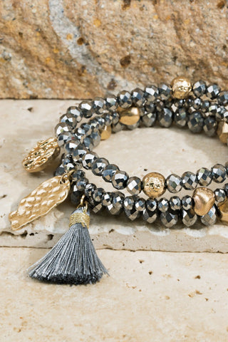 Hematite Tassel & Charms Bead Bracelet Set