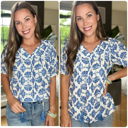 Blue and White Geometric Print Tassel Drawstring V Neck Blouse