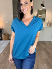Teal V-neck Trim Rolled Sleeve Blouse