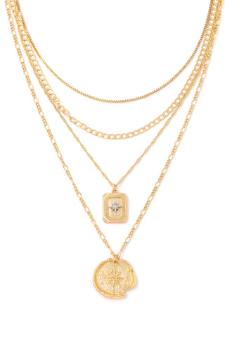Gold Chain Layered North Star Coin Pendant Necklace