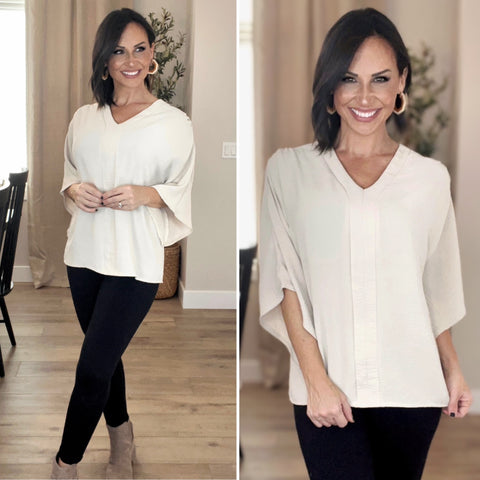 Parchment Solid Batwing Sleeve V Neck Blouse