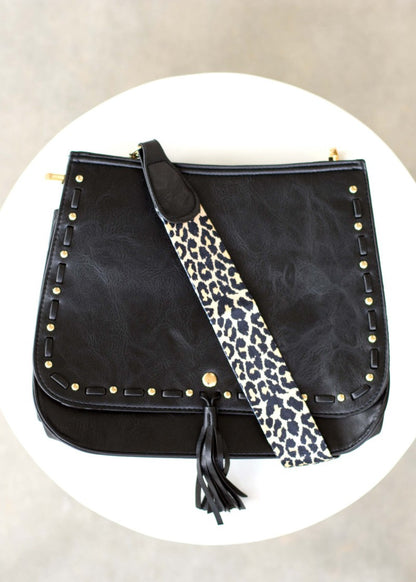 Black Fold-over Crossbody Bag with Removable Leopard Strap