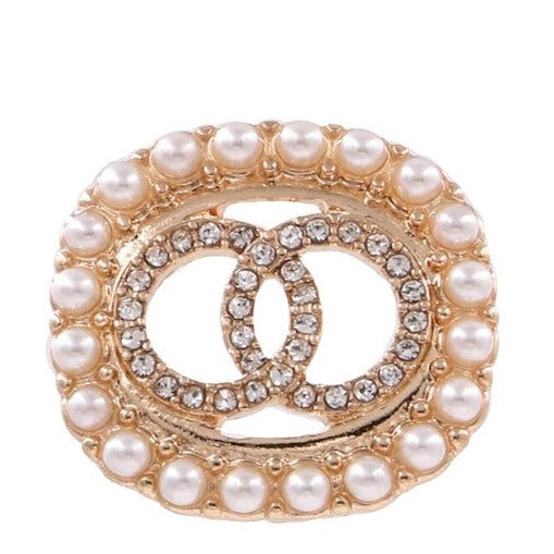 Cream pearl double ring rhinestone earrings