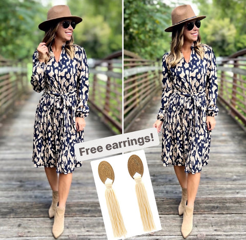 Navy V Neck Pleated Long Sleeve Dress with Belt and FREE EARRINGS!
