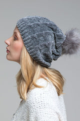 Dark Grey Chenille Cable Knit Beanie