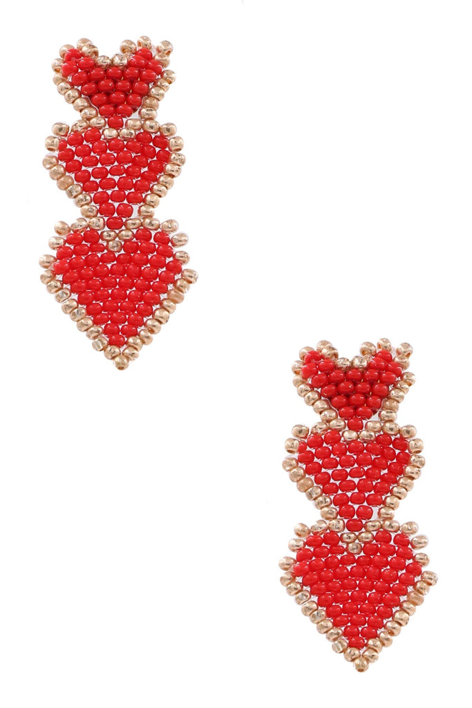 Red Seed Bead Heart Drop Earrings