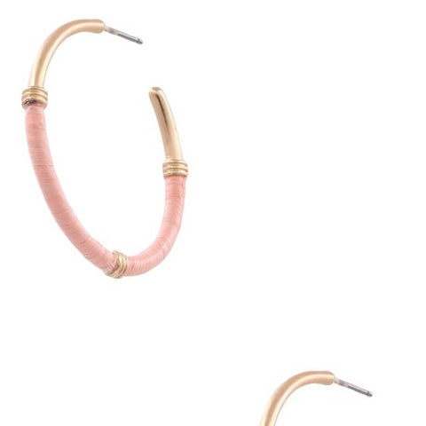 Pink Cotton Thread Wrap Open Hoop Earrings