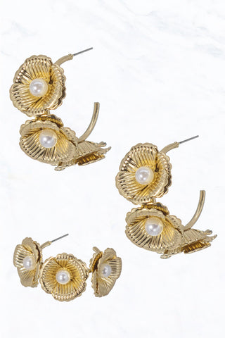 Gold and Pearl Flower Open End Hoop Earrings