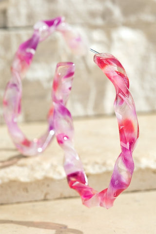 Pink/White Marble Twisted Hoop Earrings