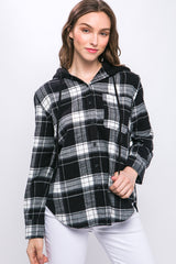 Black Plaid Flannel Button Up Shacket with Hood