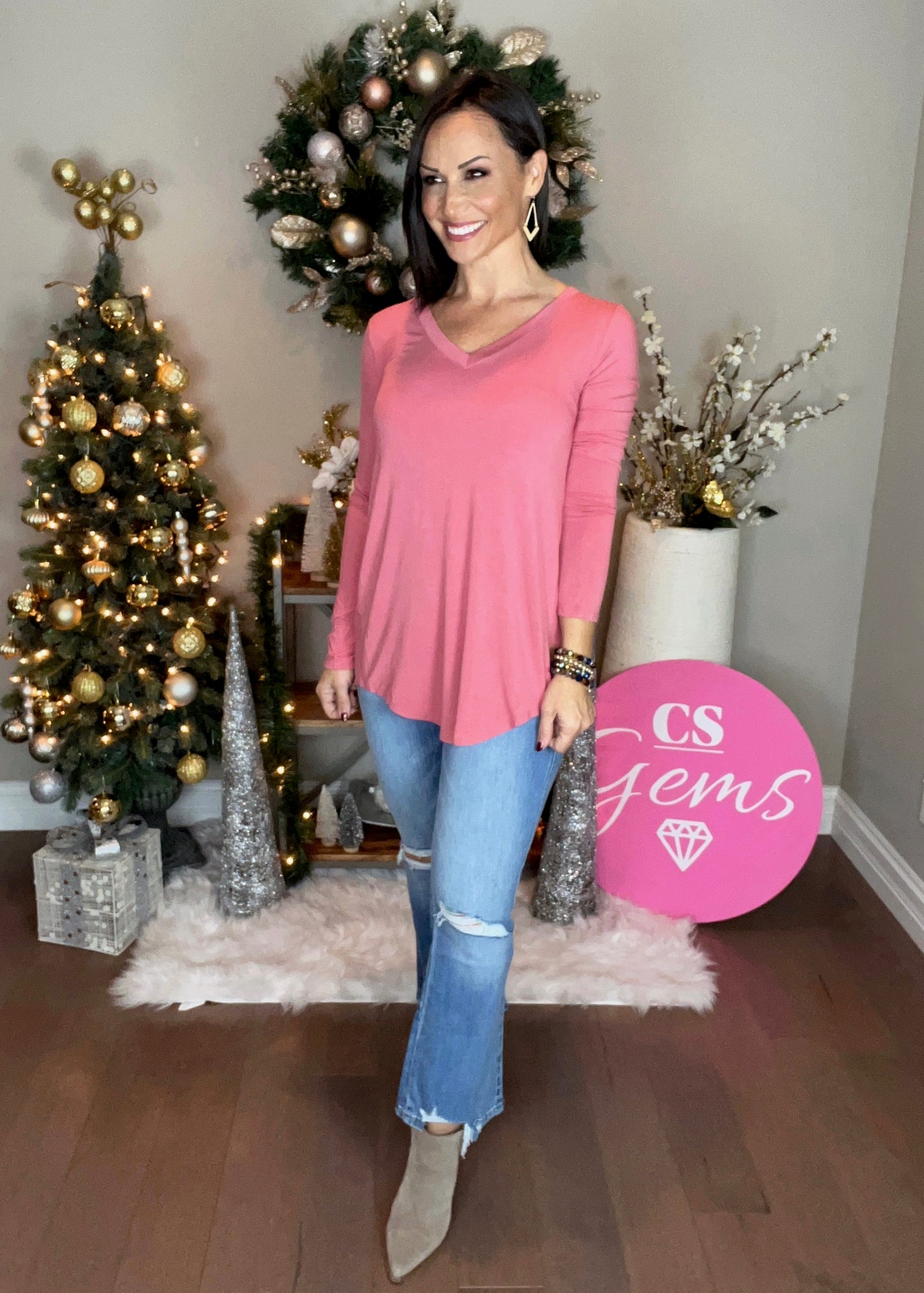 DUSTY ROSE LUXE RAYON LONG SLEEVE V-NECK DOLPHIN HEM TOP