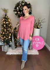 DUSTY ROSE LUXE RAYON LONG SLEEVE V-NECK DOLPHIN HEM TOP